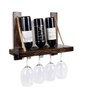 Charmont Wooden Rustic Wine Rack - Floating Wall Mounted Rope Hanging Wine & Glass Shelf, Perfect Home Bar Kitchen Storage Or Nautical Décor Wedding Gift (Burnt Dark Walnut Finish 3 Bottles & 5 Cups)