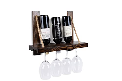 Charmont Wooden Rustic Wine Rack - Floating Wall Mounted Rope Hanging Wine & Glass Shelf, Perfect Home Bar Kitchen Storage Or Nautical Décor Wedding Gift (Burnt Dark Walnut Finish 3 Bottles & 5 Cups)