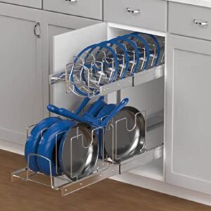 Mecete Pull Out Cabinet Base Organizer Pull-Out 2-Tier Base Cabinet Cookware Organizer (12 Inches) for Pots, Pans, and Lid Cookware, Chrome