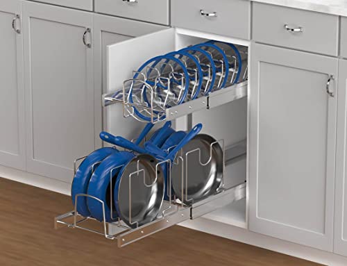 Mecete Pull Out Cabinet Base Organizer Pull-Out 2-Tier Base Cabinet Cookware Organizer (12 Inches) for Pots, Pans, and Lid Cookware, Chrome