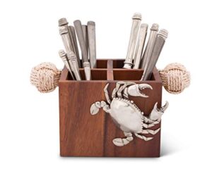 vagabond house caddy square acacia wood flatware / serve ware / utensil / carry-all holder with solid pewter crab accent and real rope handles, 4 compartments 11 inch x 8 inch