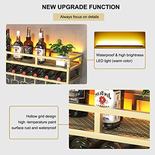 PENGFEI LED Wine Rack Wall Mounted, Industrial Metal Hanging Wine Bottle & Glass Holder, Large Floating Shelves Wine Bottle Organizer Goblet Rack for Home Bar Dining Room Decor