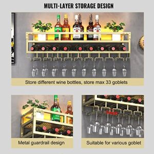 PENGFEI LED Wine Rack Wall Mounted, Industrial Metal Hanging Wine Bottle & Glass Holder, Large Floating Shelves Wine Bottle Organizer Goblet Rack for Home Bar Dining Room Decor