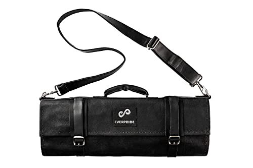 EVERPRIDE Chef Knife Roll Bag Holds 12 Knives and Cooking Tools – Durable, Large Knife Case Made of Canvas and Genuine Leather – Elegant Chef Bag for Professional Cooks – Knives Not Included