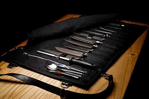 EVERPRIDE Chef Knife Roll Bag Holds 12 Knives and Cooking Tools – Durable, Large Knife Case Made of Canvas and Genuine Leather – Elegant Chef Bag for Professional Cooks – Knives Not Included