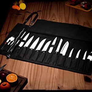 EVERPRIDE Chef Knife Roll Bag Holds 12 Knives and Cooking Tools – Durable, Large Knife Case Made of Canvas and Genuine Leather – Elegant Chef Bag for Professional Cooks – Knives Not Included