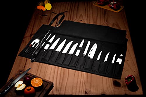 EVERPRIDE Chef Knife Roll Bag Holds 12 Knives and Cooking Tools – Durable, Large Knife Case Made of Canvas and Genuine Leather – Elegant Chef Bag for Professional Cooks – Knives Not Included