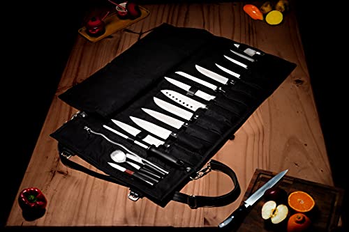 EVERPRIDE Chef Knife Roll Bag Holds 12 Knives and Cooking Tools – Durable, Large Knife Case Made of Canvas and Genuine Leather – Elegant Chef Bag for Professional Cooks – Knives Not Included