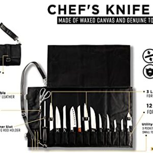 EVERPRIDE Chef Knife Roll Bag Holds 12 Knives and Cooking Tools – Durable, Large Knife Case Made of Canvas and Genuine Leather – Elegant Chef Bag for Professional Cooks – Knives Not Included