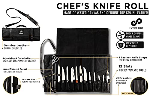 EVERPRIDE Chef Knife Roll Bag Holds 12 Knives and Cooking Tools – Durable, Large Knife Case Made of Canvas and Genuine Leather – Elegant Chef Bag for Professional Cooks – Knives Not Included