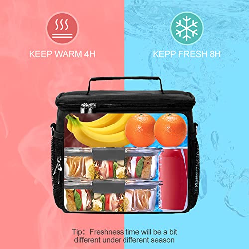 Insulated Lunch Bag for Women/Men - Reusable Lunch Box for Office Work School Picnic Beach - Leakproof Cooler Tote Bag Freezable Lunch Bag with Adjustable Shoulder Strap for Kids/Adult - Black