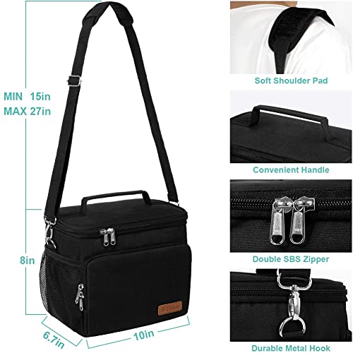 Insulated Lunch Bag for Women/Men - Reusable Lunch Box for Office Work School Picnic Beach - Leakproof Cooler Tote Bag Freezable Lunch Bag with Adjustable Shoulder Strap for Kids/Adult - Black