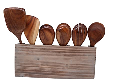 Home Wooden Kitchen Utentil Holder Crock, 3 Compartment Rustic Untensil Organizer, Large Vintage Countertop Caddy Box Size: 15x 5 x 6.5 Inch