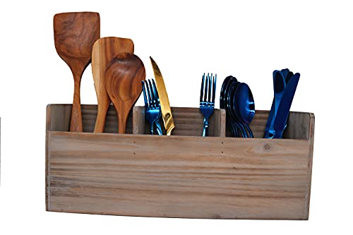 Home Wooden Kitchen Utentil Holder Crock, 3 Compartment Rustic Untensil Organizer, Large Vintage Countertop Caddy Box Size: 15x 5 x 6.5 Inch