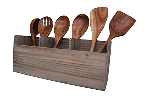 Home Wooden Kitchen Utentil Holder Crock, 3 Compartment Rustic Untensil Organizer, Large Vintage Countertop Caddy Box Size: 15x 5 x 6.5 Inch
