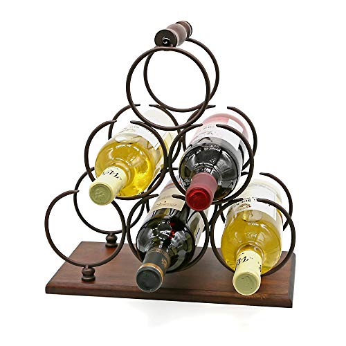 Countertop Wine Rack, Tabletop 6 Bottles Wood Wine Holder, Sturdy Handle, 3-Tier Rustic Classic Design, Simple Assembly, Wood & Metal (Copper)