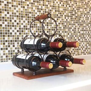 Countertop Wine Rack, Tabletop 6 Bottles Wood Wine Holder, Sturdy Handle, 3-Tier Rustic Classic Design, Simple Assembly, Wood & Metal (Copper)