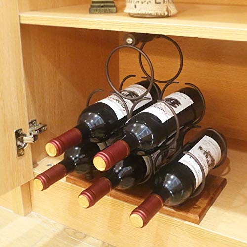 Countertop Wine Rack, Tabletop 6 Bottles Wood Wine Holder, Sturdy Handle, 3-Tier Rustic Classic Design, Simple Assembly, Wood & Metal (Copper)