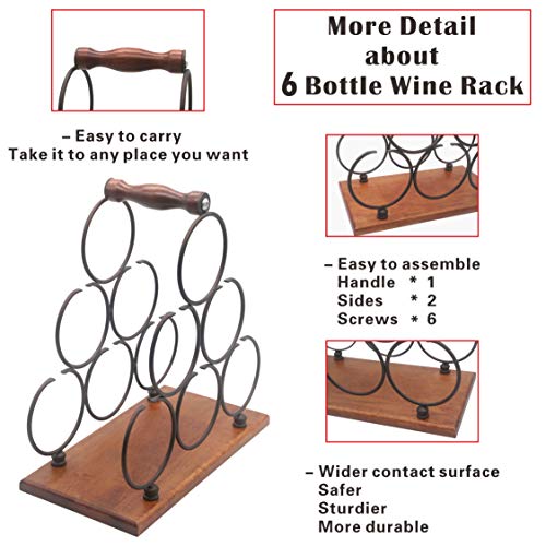 Countertop Wine Rack, Tabletop 6 Bottles Wood Wine Holder, Sturdy Handle, 3-Tier Rustic Classic Design, Simple Assembly, Wood & Metal (Copper)