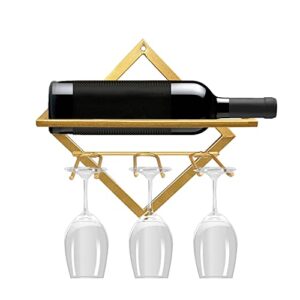 wall mounted wine rack, foldable metal wine bottle racks with 3 stemware holders, hanging shelf for home, kitchen, bar wall decor (gold)