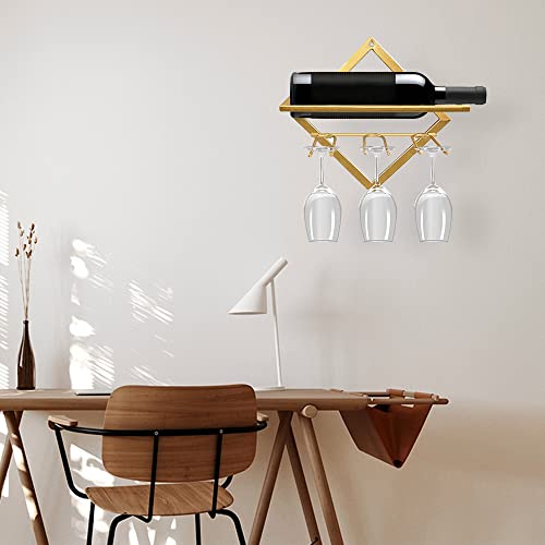 Wall Mounted Wine Rack, Foldable Metal Wine Bottle Racks with 3 Stemware Holders, Hanging Shelf for Home, Kitchen, Bar Wall Decor (Gold)