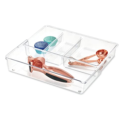 iDesign Linus BPA-Free Plastic Divided Expandable Drawer Organizer Tray - 12" x 7" x 2.25", Clear