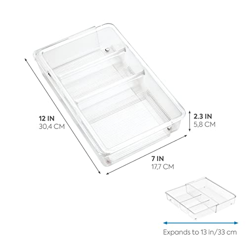 iDesign Linus BPA-Free Plastic Divided Expandable Drawer Organizer Tray - 12" x 7" x 2.25", Clear