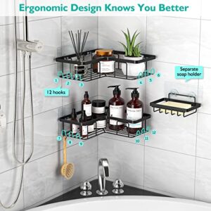 YASONIC Corner Shower Caddy, 3-Pack Adhesive Shower Caddy with Soap Holder and 12 Hooks, Rustproof Stainless Steel Bathroom Shower Organizer, No Drilling Wall Mounted Shower Rack, for Bathroom, Black