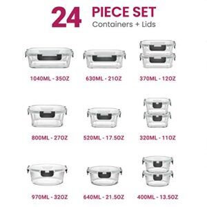 FineDine 24-Piece Superior Glass Food Storage Containers Set - Newly Innovated Hinged Locking lids - 100% Leakproof Glass Meal-Prep Containers, Great On-the-Go & Freezer-to-Oven-Safe Food Containers