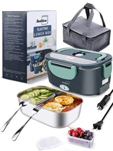 buddew electric lunch box 80w food heater 3 in 1 12/24/110-230v portable lunch warmer upgraded leakproof heated lunch box for car/truck/office with ss fork & spoon and insulated carry bag(green)