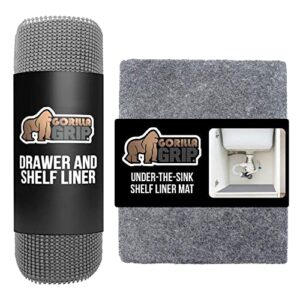 gorilla grip drawer liner and under sink mat, drawer liner size 12 in x 20 ft in gray, non adhesive, under sink mat size 24×30 in charcoal, 2 item bundle