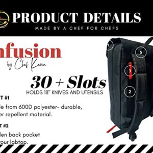 Infusion by Chef Kevin Knife Backpack | 30+ Slots for Knives & Utensils up to 18'' Padded Straps Hidden Back Pocket Computer Durable Spacious Modern| Water Repellant Chefs Culinary Students, Black