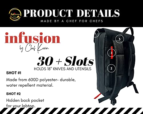 Infusion by Chef Kevin Knife Backpack | 30+ Slots for Knives & Utensils up to 18'' Padded Straps Hidden Back Pocket Computer Durable Spacious Modern| Water Repellant Chefs Culinary Students, Black