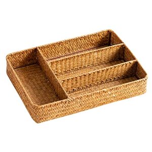 Cabilock Rattan Silverware Tray Kitchen Drawer Organizer Cutlery Storage Basket Compartment Forks Spoon Wicker Storage Tray for Home