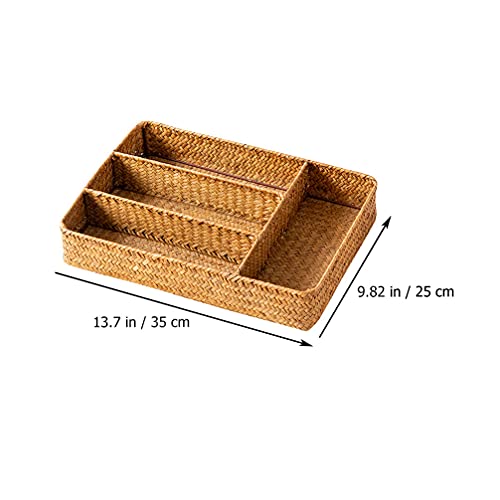 Cabilock Rattan Silverware Tray Kitchen Drawer Organizer Cutlery Storage Basket Compartment Forks Spoon Wicker Storage Tray for Home