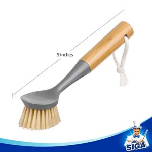 MR.SIGA Dish Brush with Bamboo Handle Built-in Scraper, Scrub Brush for Pans, Pots, Kitchen Sink Cleaning, Pack of 2