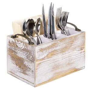 mygift vintage white wood dining utensil caddy and napkin holder – 4 compartment flatware serving storage organizer with antique style metal handles