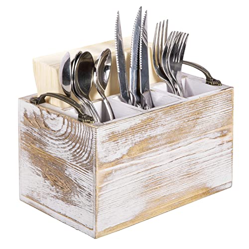 MyGift Vintage White Wood Dining Utensil Caddy and Napkin Holder - 4 Compartment Flatware Serving Storage Organizer with Antique Style Metal Handles