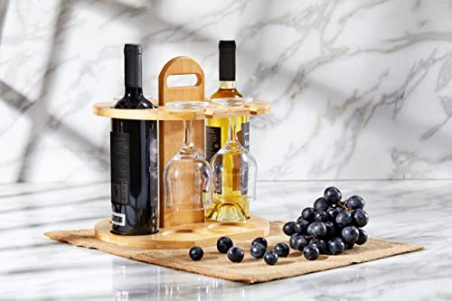 RoyalHouse Bamboo Wine Rack Wooden Wine Storage Set Holds 2 Bottles and 4 Glasses, Easy Assembly Wine Stand, Wine Bottle Holder and Glass Hanger Drying Rack