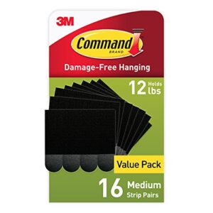 command medium picture hanging strips, damage free hanging picture hangers, no tools wall hanging strips for living spaces, 16 black adhesive strip pairs(32 command strips)