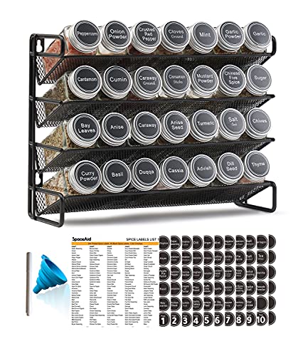 SpaceAid Spice Rack Organizer with 28 Spice Jars, 386 Spice Labels, Chalk Marker and Funnel Set for Cabinet, Countertop, Pantry, Cupboard or Door & Wall Mount - 28 Jars, 13.4" W × 10.8" H