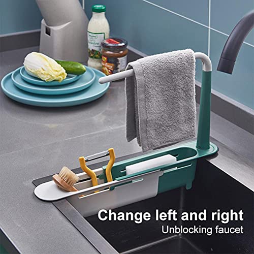 Yuwaakoo Sink Telescopic Rack Adjustable Length Telescopic Sink Storage Rack Holder Storage Sponge Soap Holder with Dishcloth Hanger Expandable Storage Drain Basket for Home Kitchen, Blue