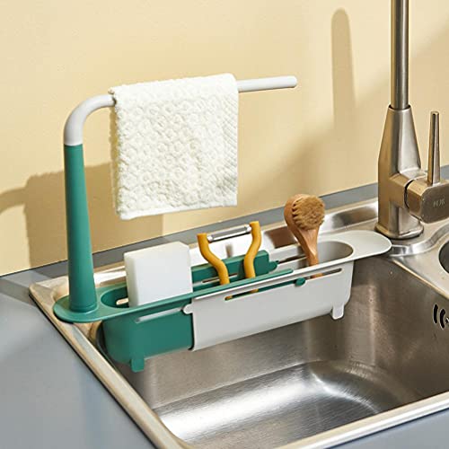 Yuwaakoo Sink Telescopic Rack Adjustable Length Telescopic Sink Storage Rack Holder Storage Sponge Soap Holder with Dishcloth Hanger Expandable Storage Drain Basket for Home Kitchen, Blue