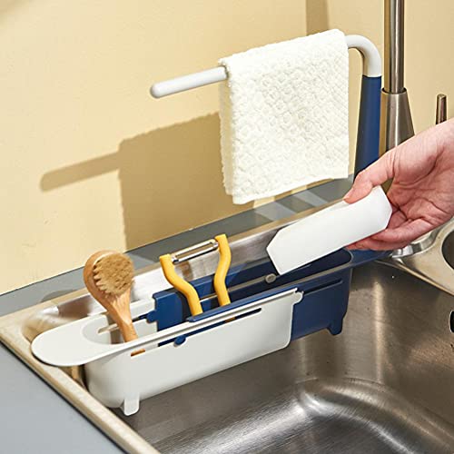 Yuwaakoo Sink Telescopic Rack Adjustable Length Telescopic Sink Storage Rack Holder Storage Sponge Soap Holder with Dishcloth Hanger Expandable Storage Drain Basket for Home Kitchen, Blue