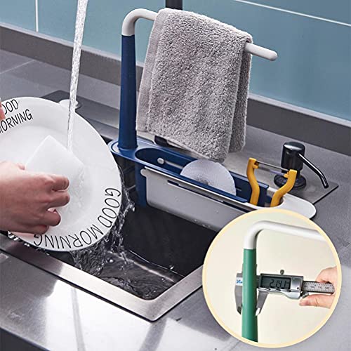 Yuwaakoo Sink Telescopic Rack Adjustable Length Telescopic Sink Storage Rack Holder Storage Sponge Soap Holder with Dishcloth Hanger Expandable Storage Drain Basket for Home Kitchen, Blue