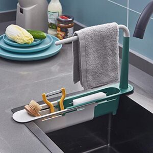 Yuwaakoo Sink Telescopic Rack Adjustable Length Telescopic Sink Storage Rack Holder Storage Sponge Soap Holder with Dishcloth Hanger Expandable Storage Drain Basket for Home Kitchen, Blue