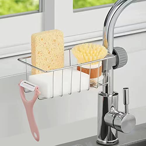 SooGree Kitchen Sink Organizer Over Faucet Sponge Holder,304 Stainless Steel Heavy Duty Thickening Hanging Faucet Drain Rack for Scrubbers,Soap,Bathroom,Detachable Storage Rack(Heighten and Lengthen)