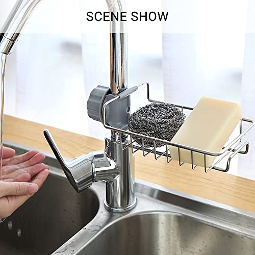 SooGree Kitchen Sink Organizer Over Faucet Sponge Holder,304 Stainless Steel Heavy Duty Thickening Hanging Faucet Drain Rack for Scrubbers,Soap,Bathroom,Detachable Storage Rack(Heighten and Lengthen)