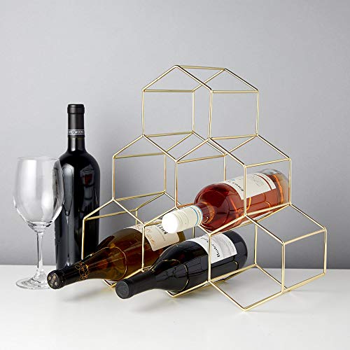 Viski Geo Set of 1 Freestanding Racks & Cabinets, Holds 6 Bottles, Countertop Wine Rack, 14.25", Gold-Plated