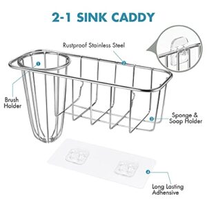 Sponge Holder Sink Caddy, BOJODPIE 2-in-1 Dish Brush Holder & Sponge Holder, Stainless Steel Kitchen Sink Organizer, Adhesive Installation No Drilling